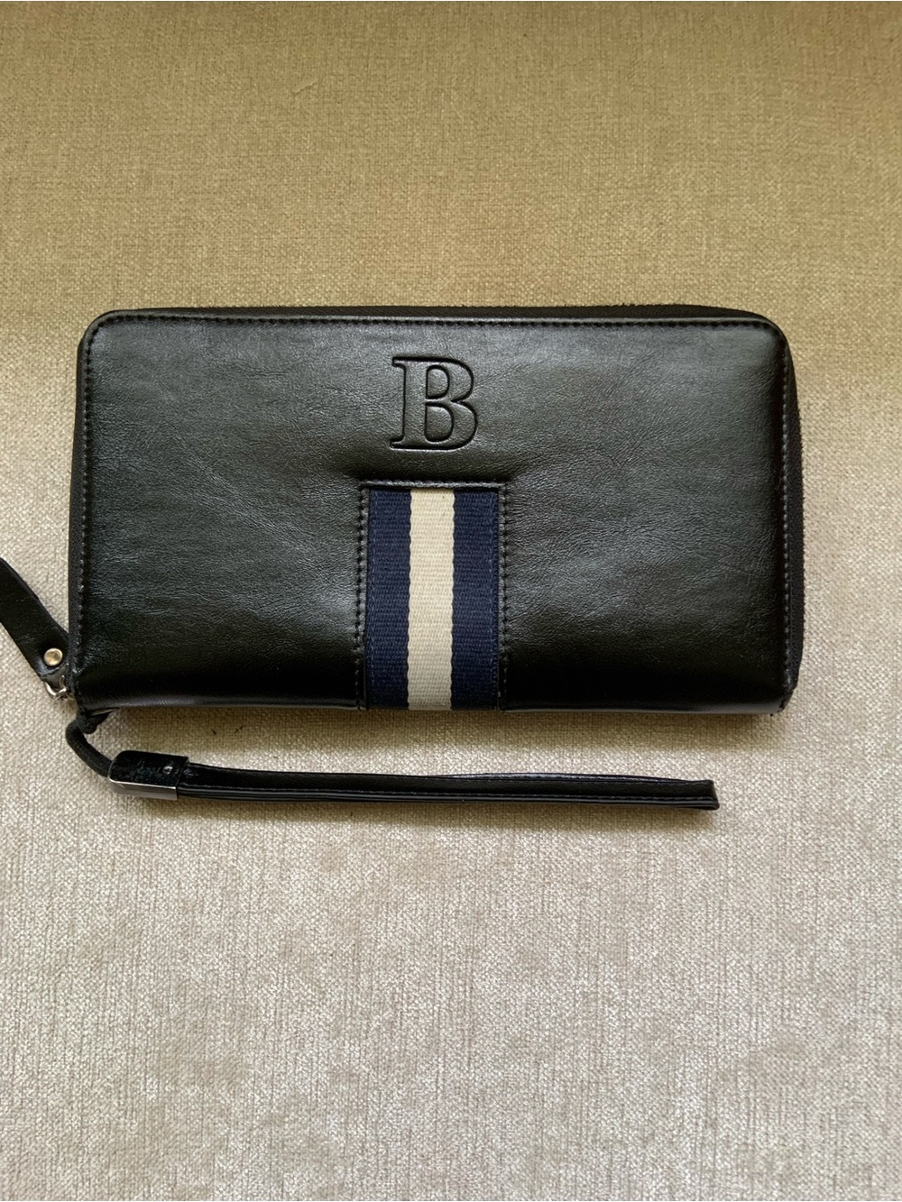 Bally Black Leather Zip-Around Wristlet with Navy & White Center Stripe
